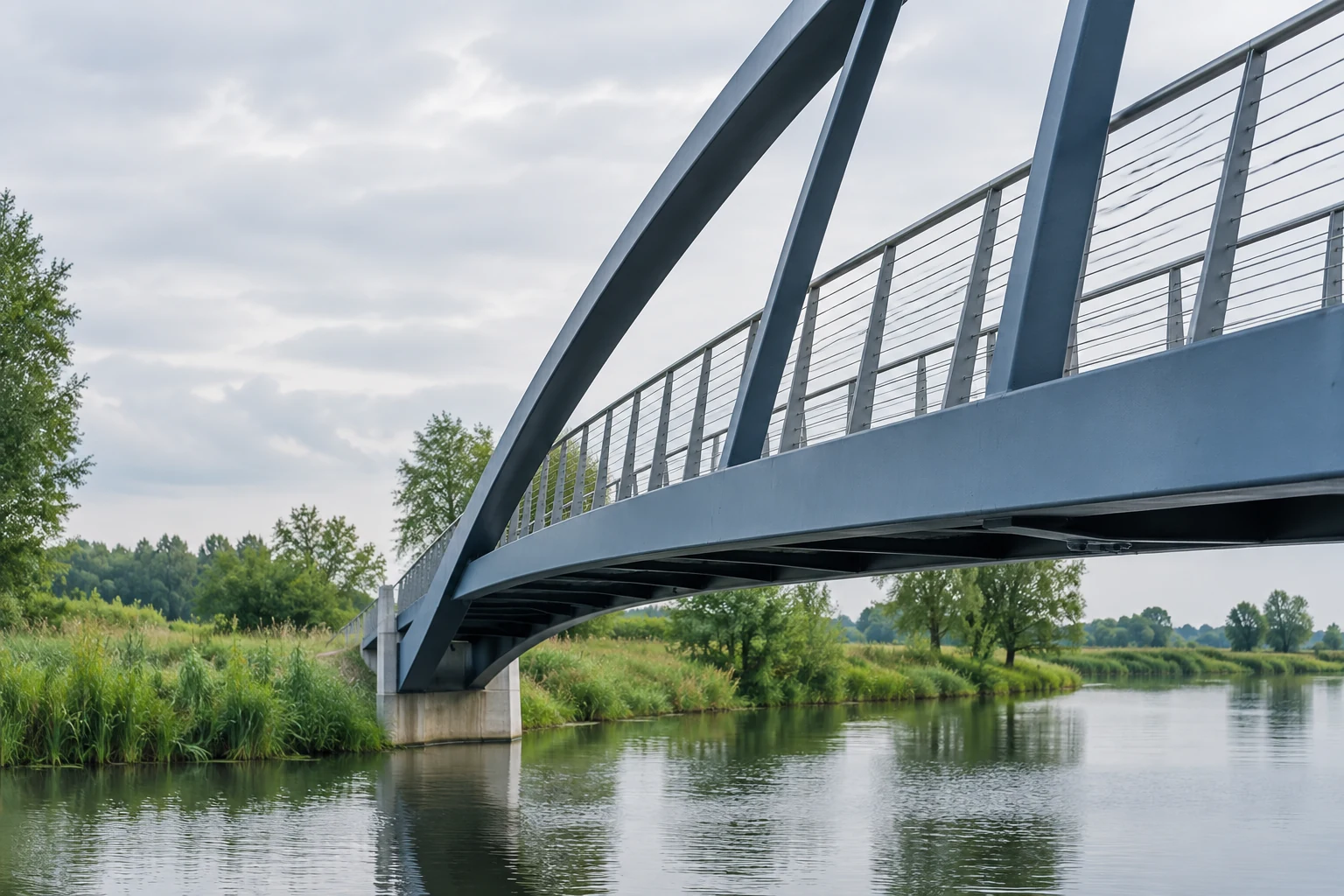 Een moderne voetgangersbrug verbindt twee groene oevers.